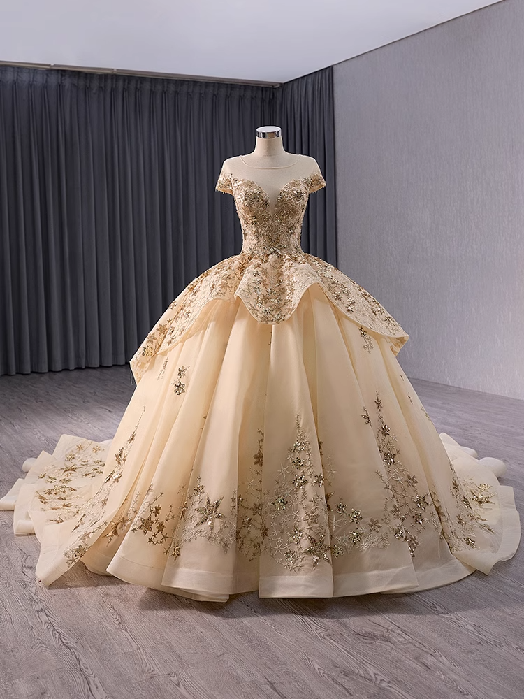 Elegant Off - Shoulder Golden Embroidered Ball Gown with Flared Dress and Long Train Prom Dress, BG036