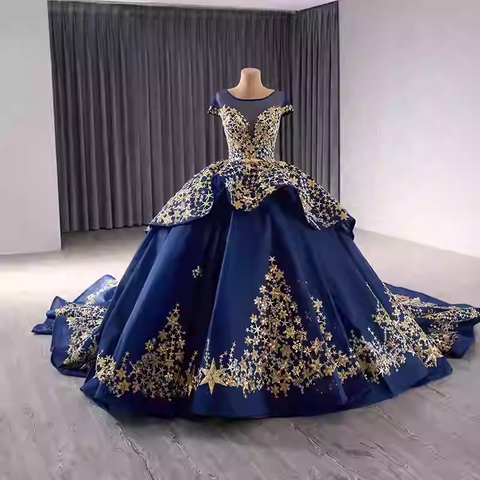 Elegant Off - Shoulder Golden Embroidered Ball Gown with Flared Dress and Long Train Prom Dress, BG036