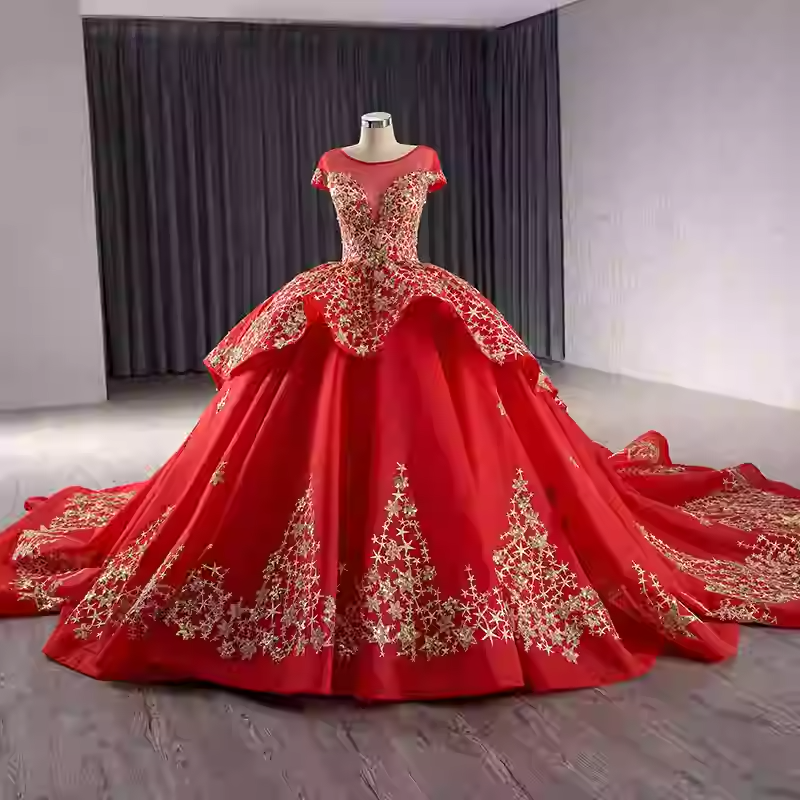 Elegant Off - Shoulder Golden Embroidered Ball Gown with Flared Dress and Long Train Prom Dress, BG036