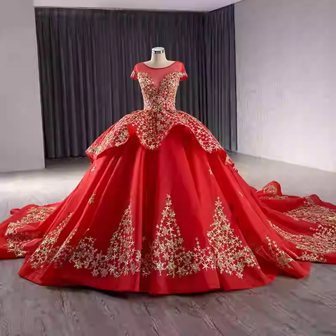 Elegant Off - Shoulder Golden Embroidered Ball Gown with Flared Dress and Long Train Prom Dress, BG036