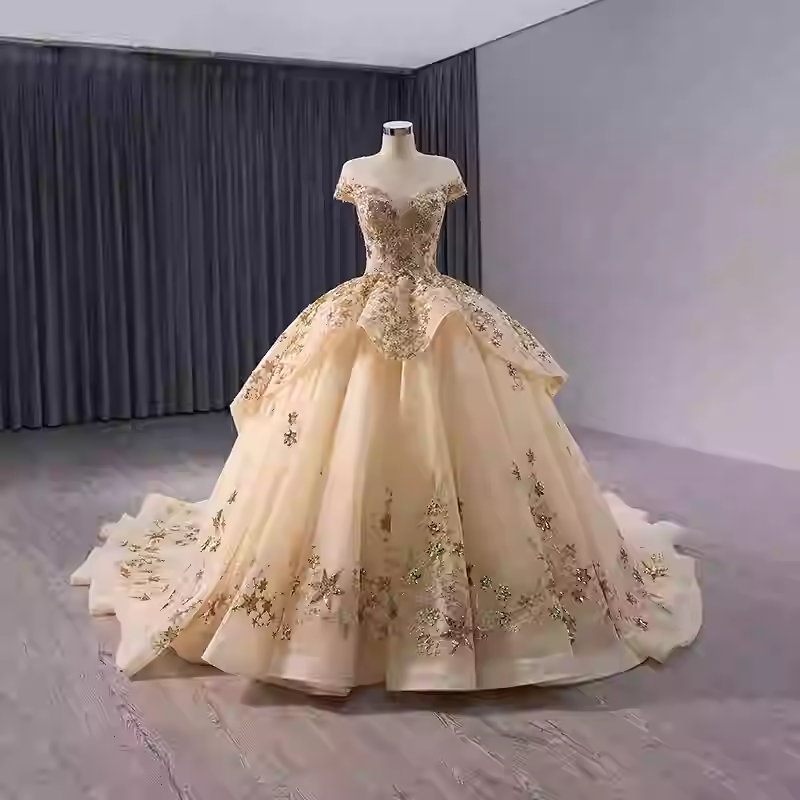 Elegant Off - Shoulder Golden Embroidered Ball Gown with Flared Dress and Long Train Prom Dress, BG036