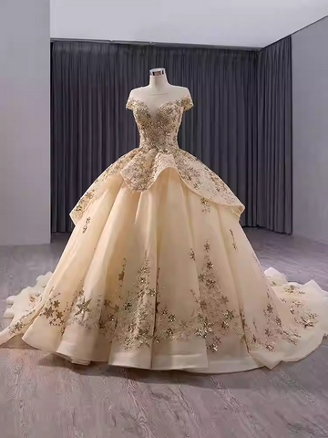 Elegant Off - Shoulder Golden Embroidered Ball Gown with Flared Dress and Long Train Prom Dress, BG036