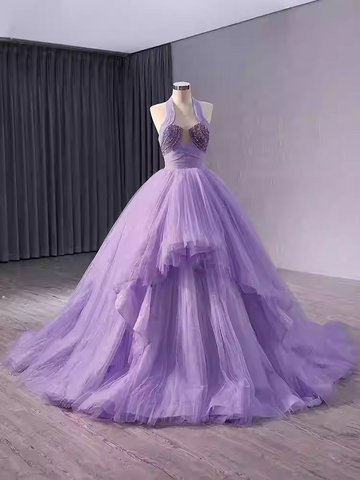 Glamorous Halter - Neck Lilac Tulle Ball Gown with Embellished Bodice - Stunning Prom Dress, BG037