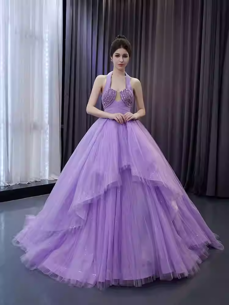 Glamorous Halter - Neck Lilac Tulle Ball Gown with Embellished Bodice - Stunning Prom Dress, BG037