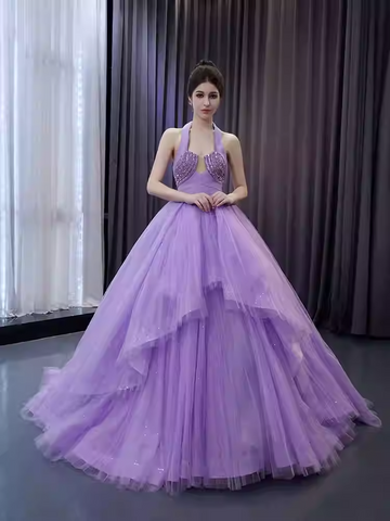 Glamorous Halter - Neck Lilac Tulle Ball Gown with Embellished Bodice - Stunning Prom Dress, BG037