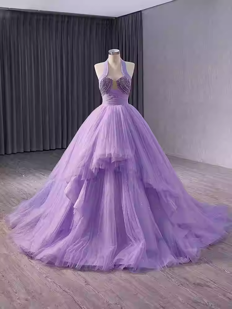 Glamorous Halter - Neck Lilac Tulle Ball Gown with Embellished Bodice - Stunning Prom Dress, BG037