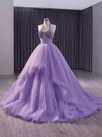 Glamorous Halter - Neck Lilac Tulle Ball Gown with Embellished Bodice - Stunning Prom Dress, BG037