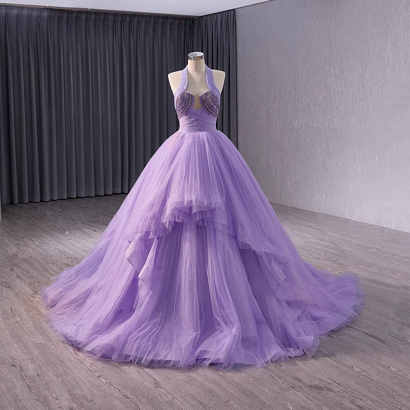 Glamorous Halter - Neck Lilac Tulle Ball Gown with Embellished Bodice - Stunning Prom Dress, BG037