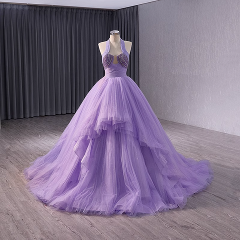 Glamorous Halter - Neck Lilac Tulle Ball Gown with Embellished Bodice - Stunning Prom Dress, BG037