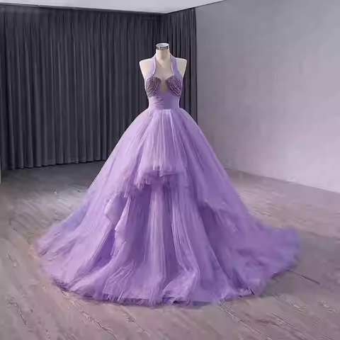 Glamorous Halter - Neck Lilac Tulle Ball Gown with Embellished Bodice - Stunning Prom Dress, BG037