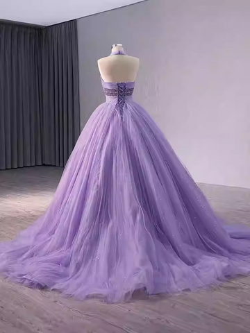 Glamorous Halter - Neck Lilac Tulle Ball Gown with Embellished Bodice - Stunning Prom Dress, BG037