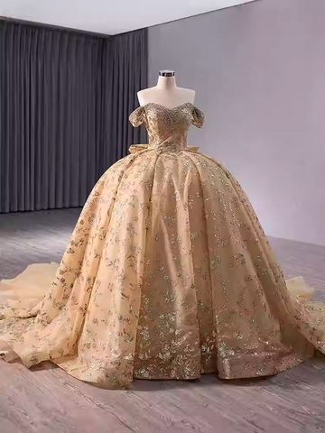 Exquisite Off - Shoulder Golden Embroidered Ball Gown with Long Train - Prom Dress, BG040