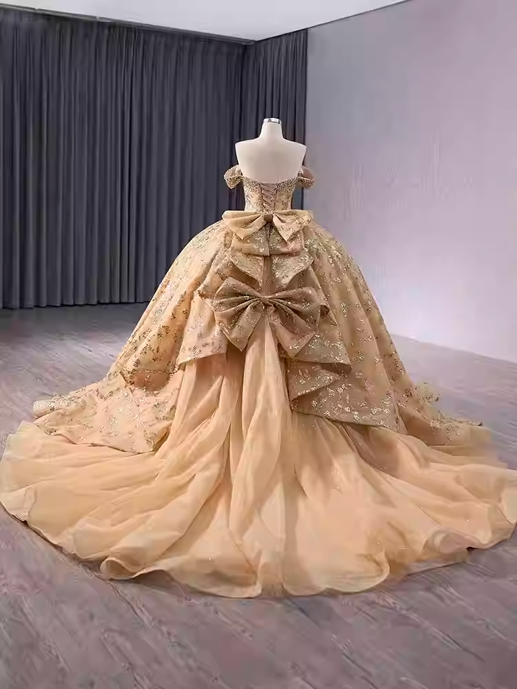 Exquisite Off - Shoulder Golden Embroidered Ball Gown with Long Train - Prom Dress, BG040