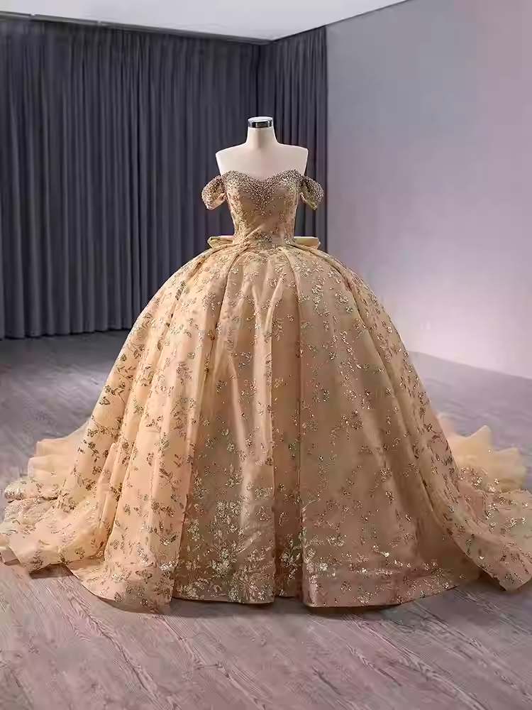 Exquisite Off - Shoulder Golden Embroidered Ball Gown with Long Train - Prom Dress, BG040