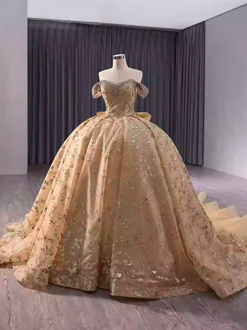 Exquisite Off - Shoulder Golden Embroidered Ball Gown with Long Train - Prom Dress, BG040