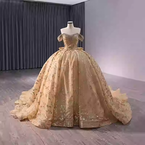 Exquisite Off - Shoulder Golden Embroidered Ball Gown with Long Train - Prom Dress, BG040