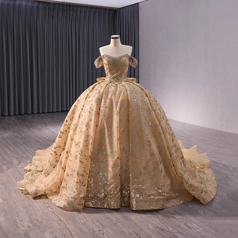 Exquisite Off - Shoulder Golden Embroidered Ball Gown with Long Train - Prom Dress, BG040