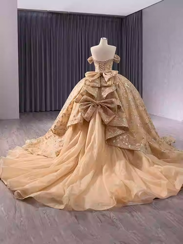 Exquisite Off - Shoulder Golden Embroidered Ball Gown with Long Train - Prom Dress, BG040