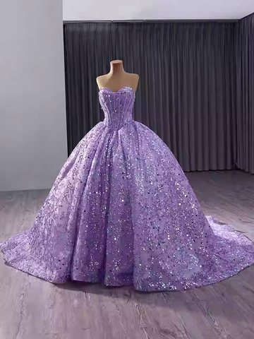 Stunning Strapless Lavender Sequin Ball Gown with Full Skirt and Train - Prom Dress, BG042