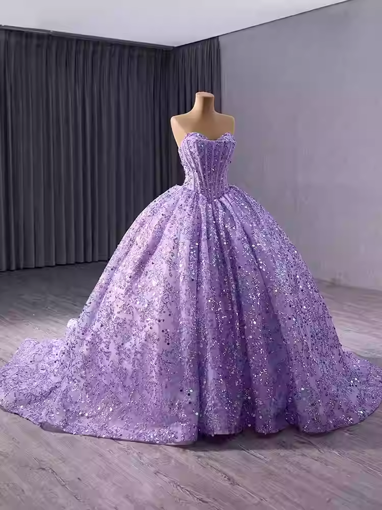 Stunning Strapless Lavender Sequin Ball Gown with Full Skirt and Train - Prom Dress, BG042