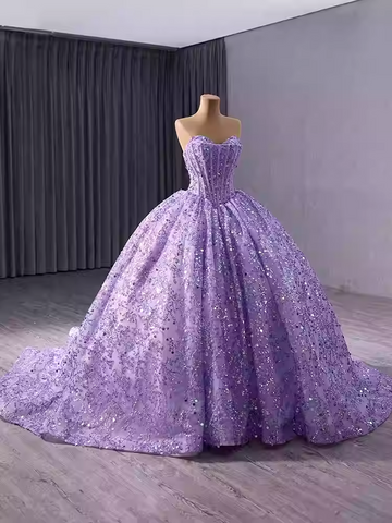 Stunning Strapless Lavender Sequin Ball Gown with Full Skirt and Train - Prom Dress, BG042