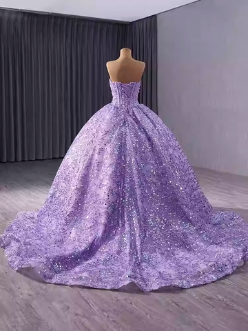 Stunning Strapless Lavender Sequin Ball Gown with Full Skirt and Train - Prom Dress, BG042
