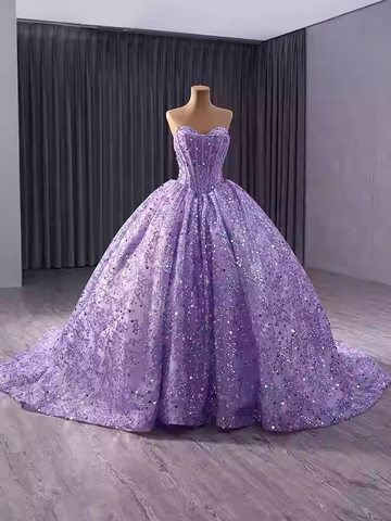 Stunning Strapless Lavender Sequin Ball Gown with Full Skirt and Train - Prom Dress, BG042