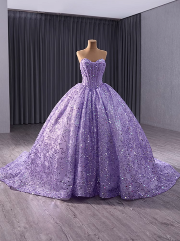 Stunning Strapless Lavender Sequin Ball Gown with Full Skirt and Train - Prom Dress, BG042