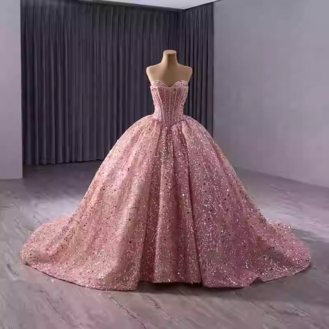 Stunning Strapless Lavender Sequin Ball Gown with Full Skirt and Train - Prom Dress, BG042