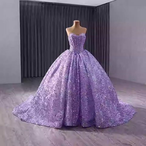 Stunning Strapless Lavender Sequin Ball Gown with Full Skirt and Train - Prom Dress, BG042