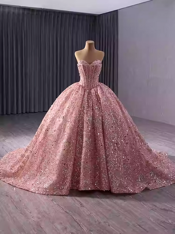 Stunning Strapless Lavender Sequin Ball Gown with Full Skirt and Train - Prom Dress, BG042
