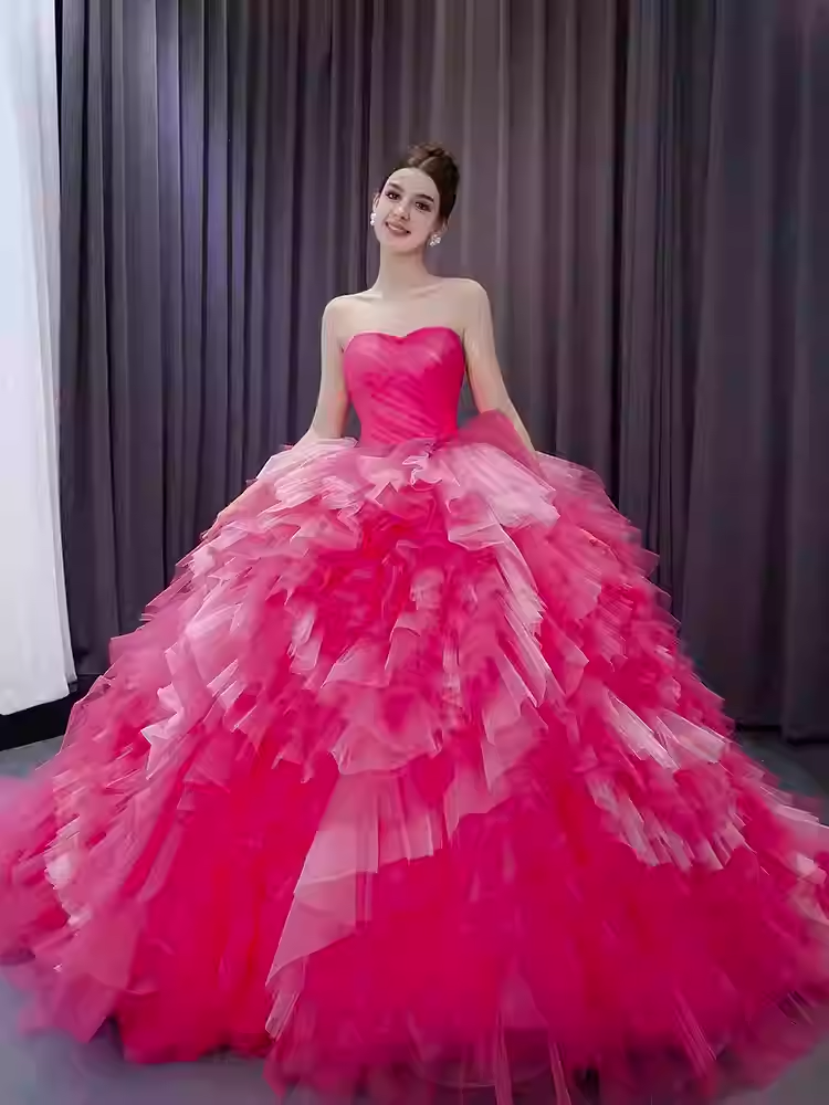 Eye - Catching Strapless Hot Pink Ruffled Ball Gown - Ideal Prom Dress, BG043