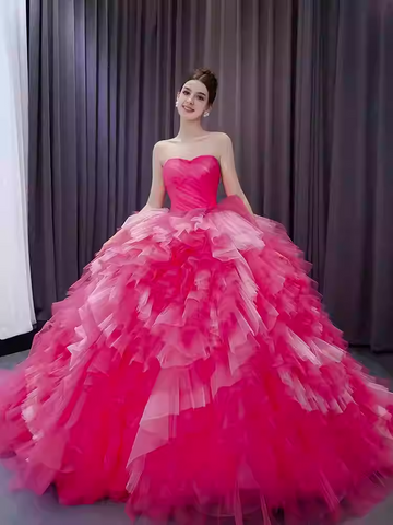 Eye - Catching Strapless Hot Pink Ruffled Ball Gown - Ideal Prom Dress, BG043