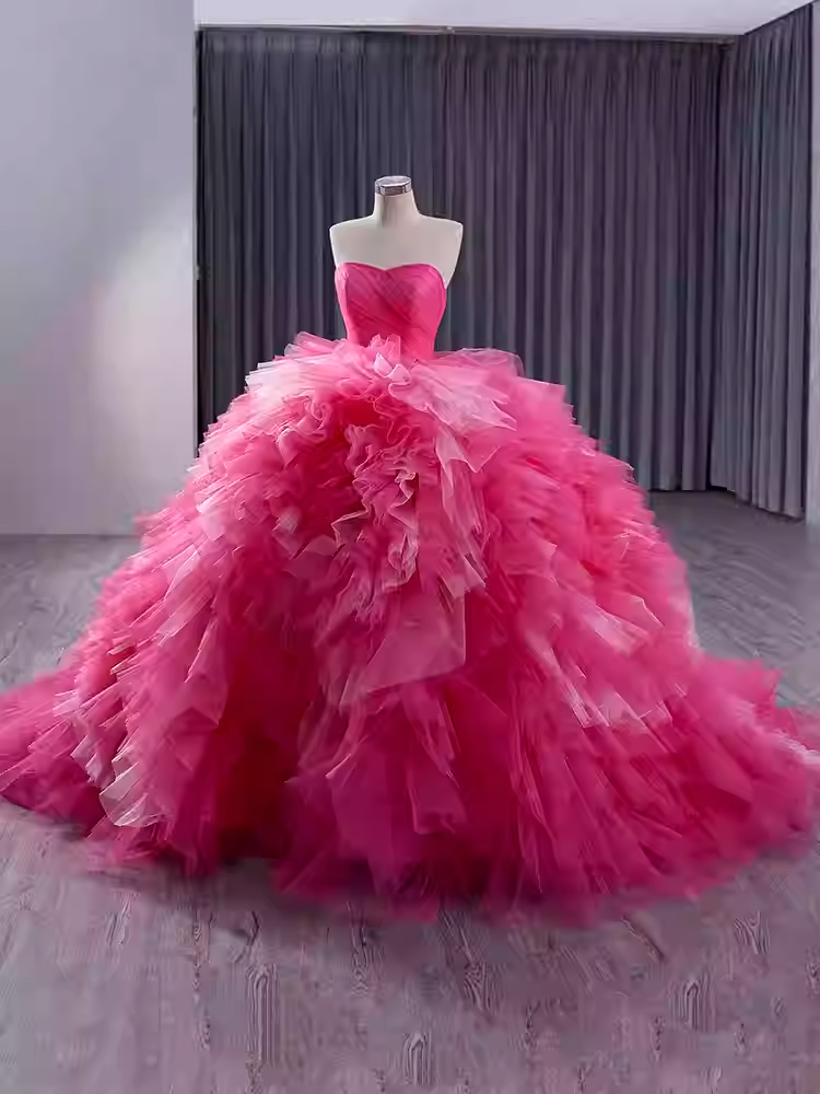 Eye - Catching Strapless Hot Pink Ruffled Ball Gown - Ideal Prom Dress, BG043