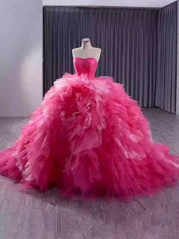 Eye - Catching Strapless Hot Pink Ruffled Ball Gown - Ideal Prom Dress, BG043