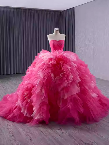 Eye - Catching Strapless Hot Pink Ruffled Ball Gown - Ideal Prom Dress, BG043