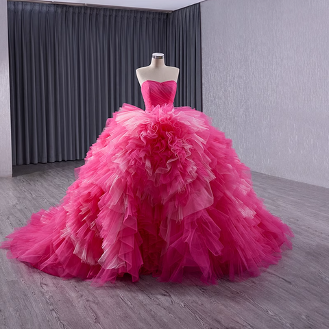 Eye - Catching Strapless Hot Pink Ruffled Ball Gown - Ideal Prom Dress, BG043