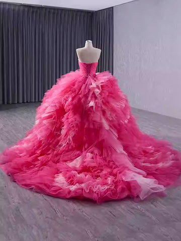 Eye - Catching Strapless Hot Pink Ruffled Ball Gown - Ideal Prom Dress, BG043