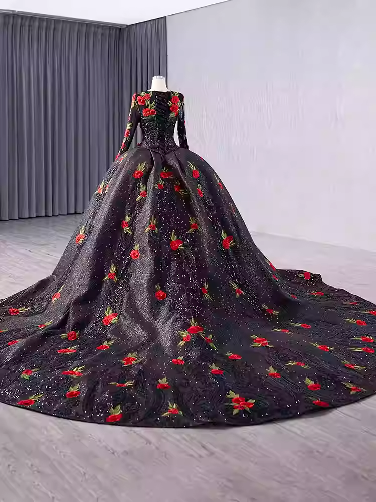 Glamorous Three - Quarter Sleeve Black Sparkly Ball Gown with Red Floral Embroidery -Prom Dress, BG044