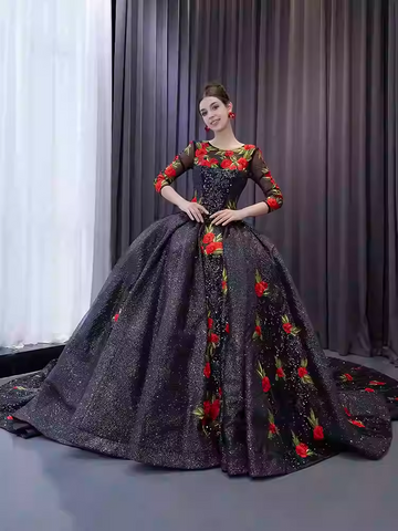 Glamorous Three - Quarter Sleeve Black Sparkly Ball Gown with Red Floral Embroidery -Prom Dress, BG044