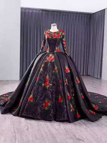 Glamorous Three - Quarter Sleeve Black Sparkly Ball Gown with Red Floral Embroidery -Prom Dress, BG044