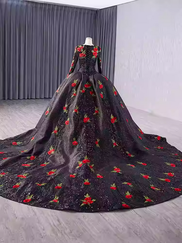 Glamorous Three - Quarter Sleeve Black Sparkly Ball Gown with Red Floral Embroidery -Prom Dress, BG044