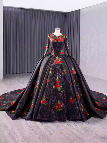 Glamorous Three - Quarter Sleeve Black Sparkly Ball Gown with Red Floral Embroidery -Prom Dress, BG044