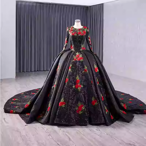 Glamorous Three - Quarter Sleeve Black Sparkly Ball Gown with Red Floral Embroidery -Prom Dress, BG044