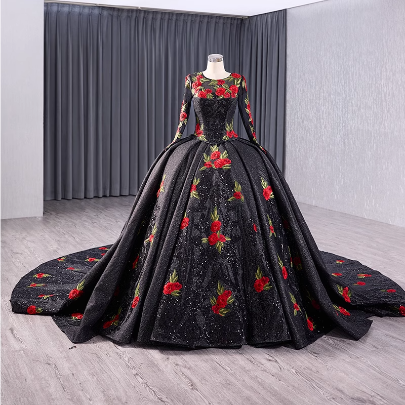 Glamorous Three - Quarter Sleeve Black Sparkly Ball Gown with Red Floral Embroidery -Prom Dress, BG044