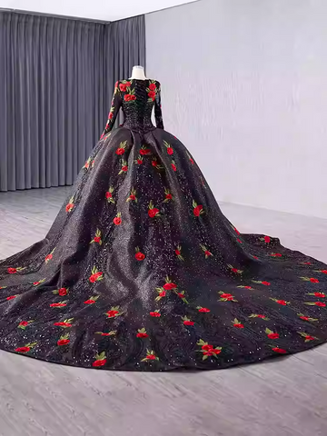 Glamorous Three - Quarter Sleeve Black Sparkly Ball Gown with Red Floral Embroidery -Prom Dress, BG044
