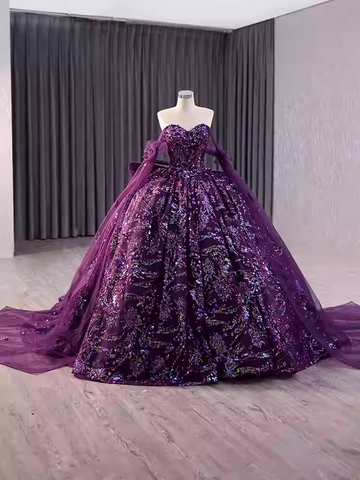 Glamorous Three - Quarter Sleeve Black Sparkly Ball Gown with Red Floral Embroidery -  Evening Dress, BG045