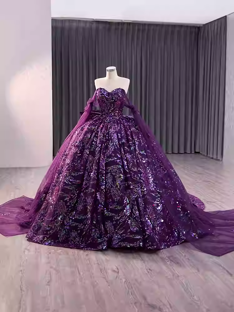 Glamorous Three - Quarter Sleeve Black Sparkly Ball Gown with Red Floral Embroidery -  Evening Dress, BG045