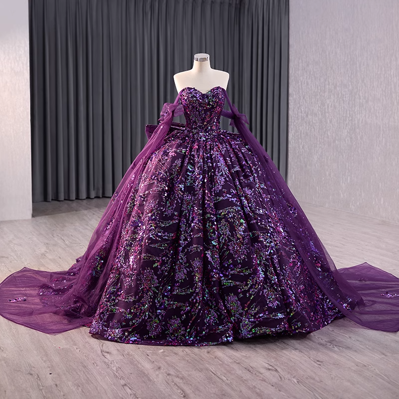 Glamorous Three - Quarter Sleeve Black Sparkly Ball Gown with Red Floral Embroidery -  Evening Dress, BG045
