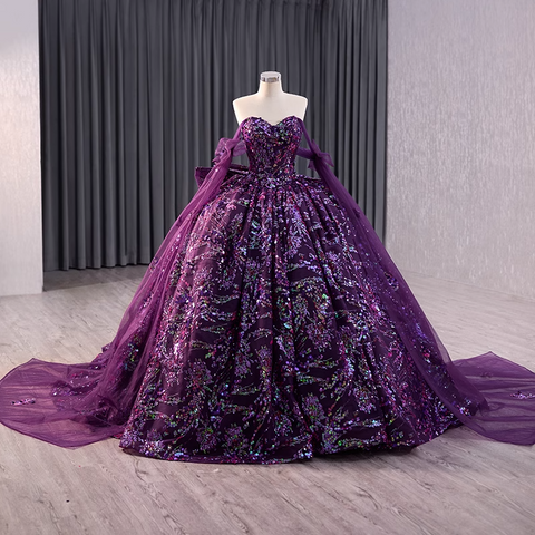 Glamorous Three - Quarter Sleeve Black Sparkly Ball Gown with Red Floral Embroidery -  Evening Dress, BG045